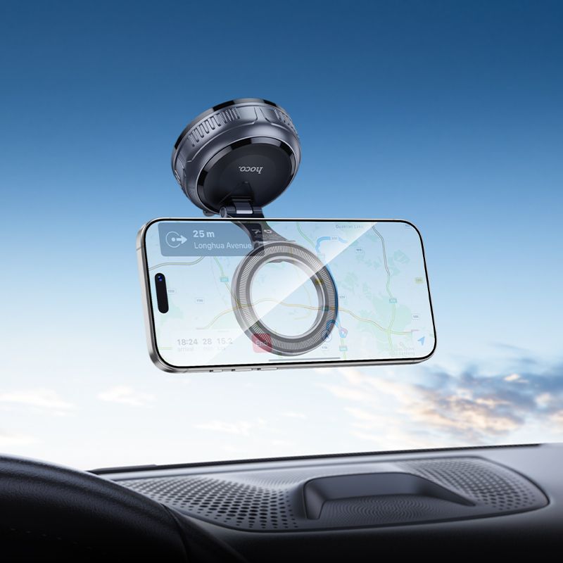 Car holder magnetic Hoco with adjustable suction cum H92 black metal gray