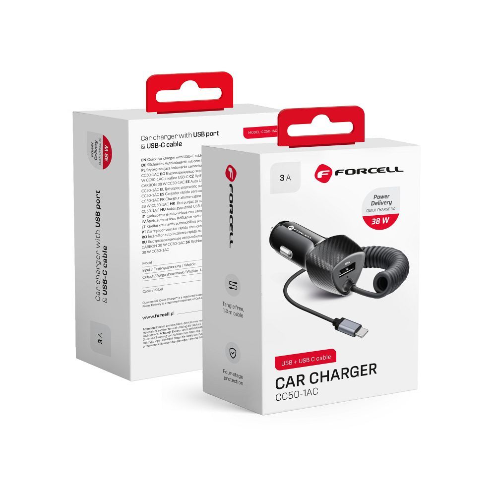 Forcell F-Energy Carbon autós töltő, USB-A, QC3.0, PD, 3 A, 38 W, kábellel, USB-C, CC50-1AC, fekete
