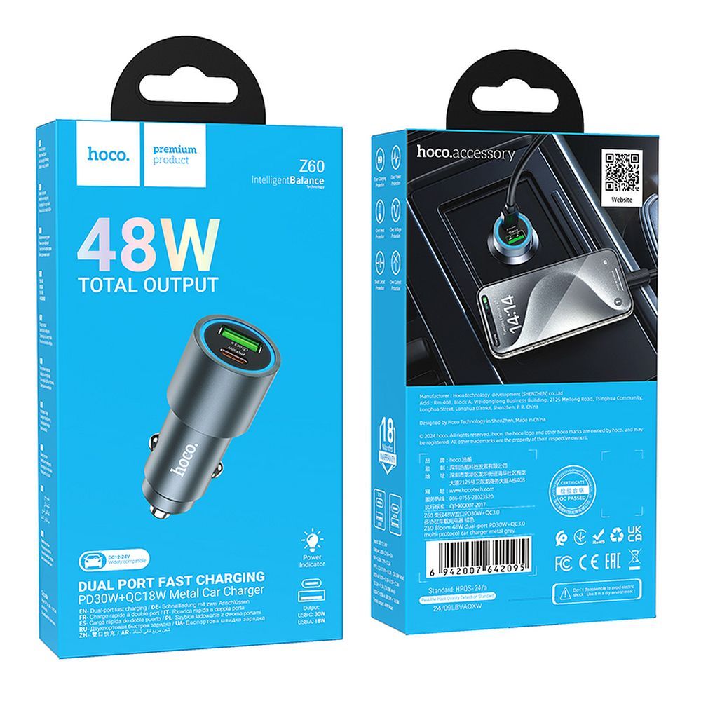 Car charger Hoco USB A + USB C PD QC3.0 48W Z60 black