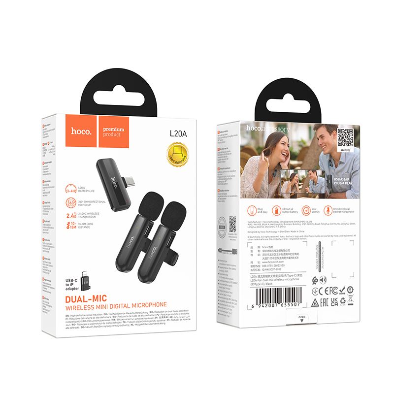 Wireless double microphone Lightning / USB C Hoco L20A black
