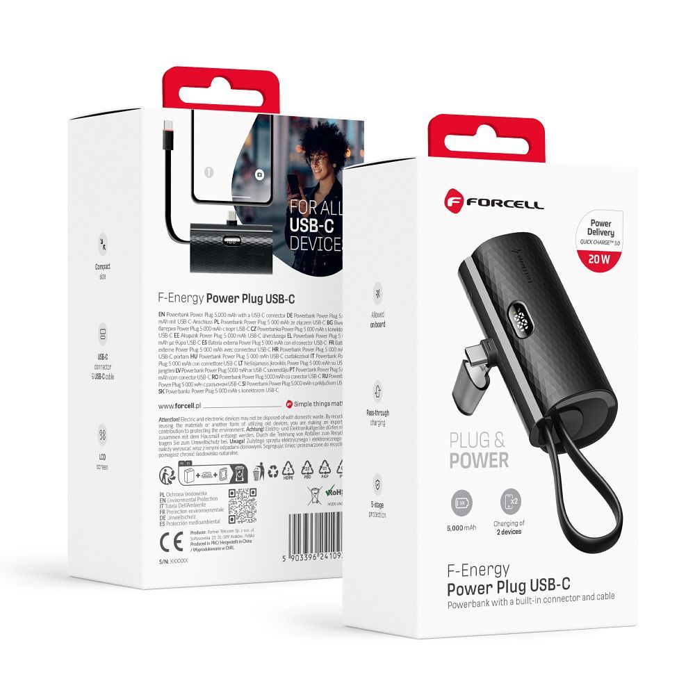 FORCELL F-ENERGY Power Plug F5K3 hordozható akkumulátor, 5 000 mAh, Type-C PD 20 W, fekete