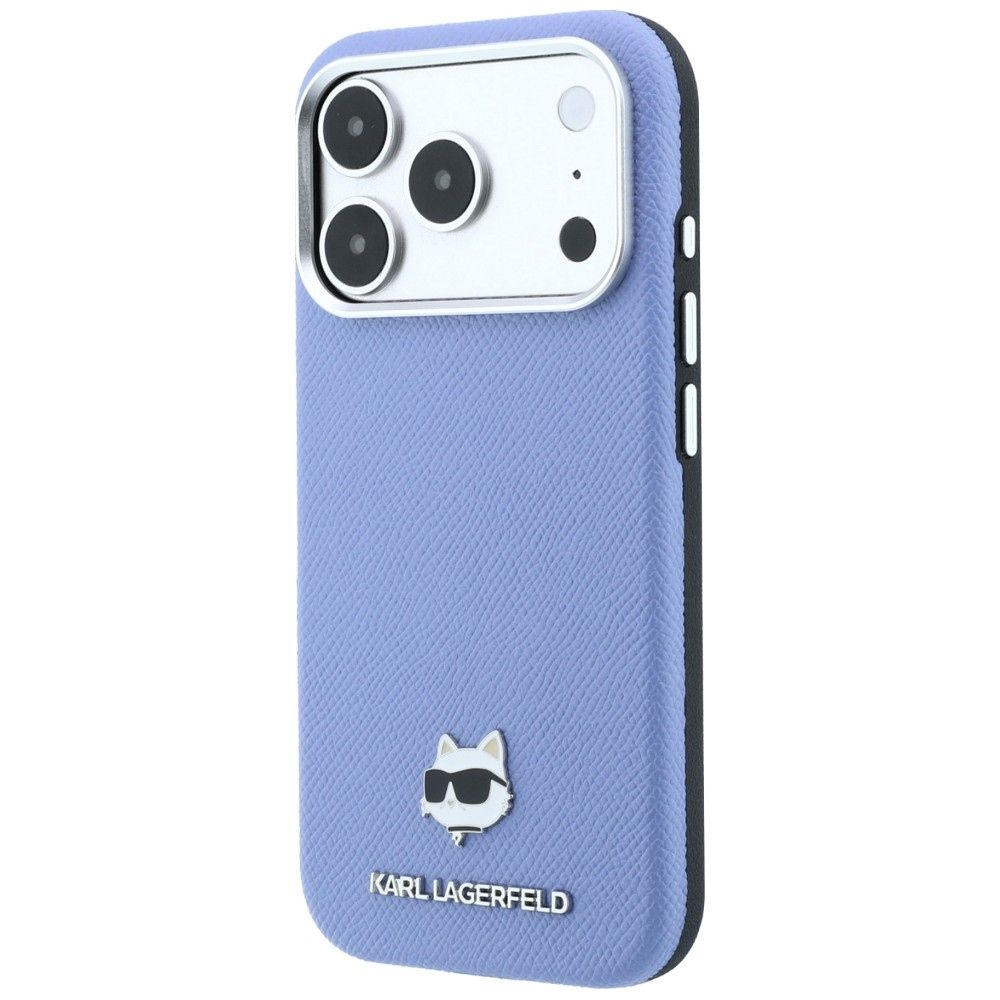 KARL LAGERFELD case for IPHONE 18 Pro Max/ 17 Pro Max compatible with MagSafe (Grained Choupette Head Metal) light blue