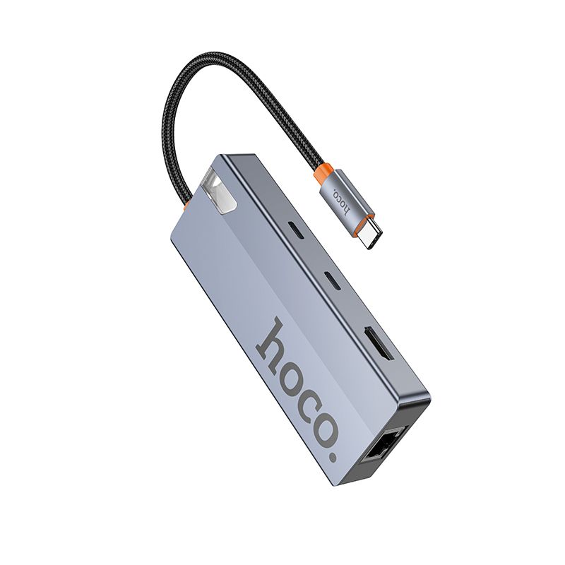 Adapter HUB 8w1 (HDTV+RJ45+SD/TF+PD+Type-C 3.0+USB 3.0 x 2) USB-C Hoco HB52 grey