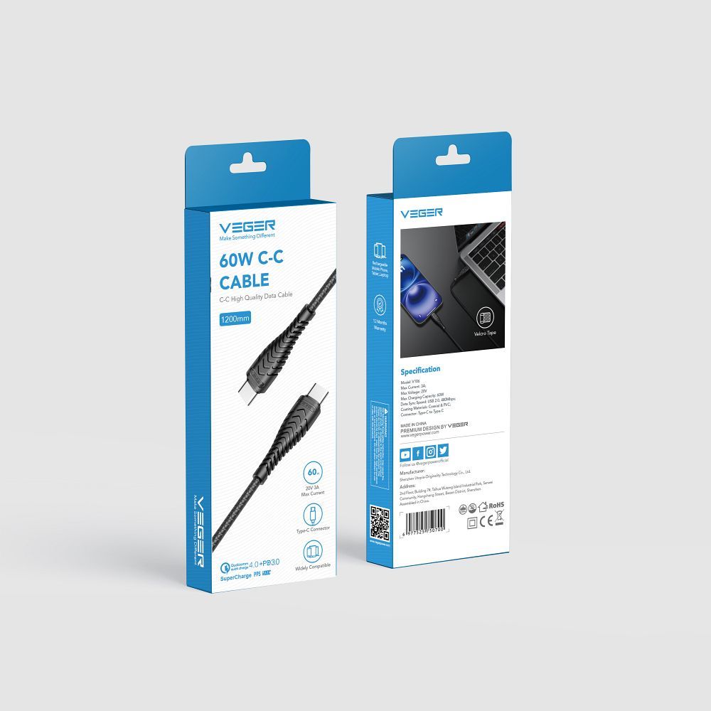 VEGER kabel Typ C do Typ C PD 3A 60W V106 1,2 m czarny