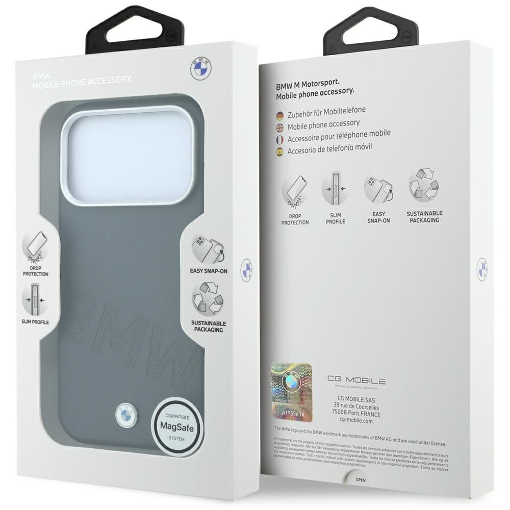 BMW case for IPHONE 18 Pro/17 Pro compatible with MagSafe (Sign Inclined Deboss Letters) grey
