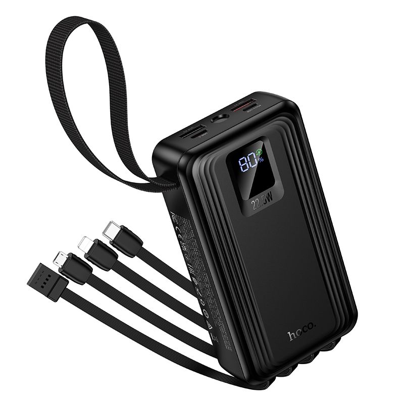 Powerbank 20000 mAh QC PD 22,5W with built-in cables USB A + USB C+ Lightning + Micro USB and two lights Hoco J173 black