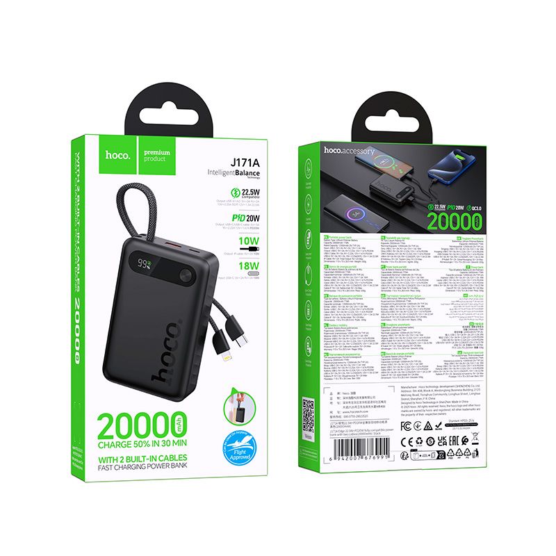 Powerbank 10000 mAh QC PD 2A 22,5W with built-in cables USB C + Lightning Hoco J171 Edge black