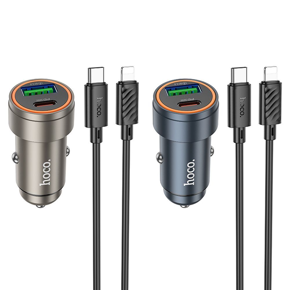 Car charger Hoco USB A + USB C QC3.0 PD 30W + cable USB C to Lightning Z57A black