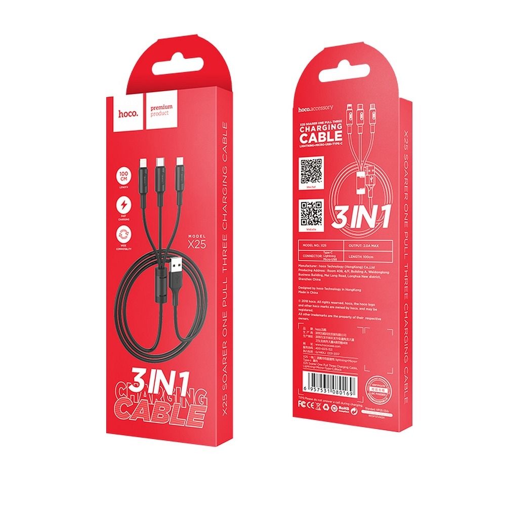Kabel 3w1 USB A do Lightning / Micro USB / USB C Hoco 2A 1 m X25 czarny