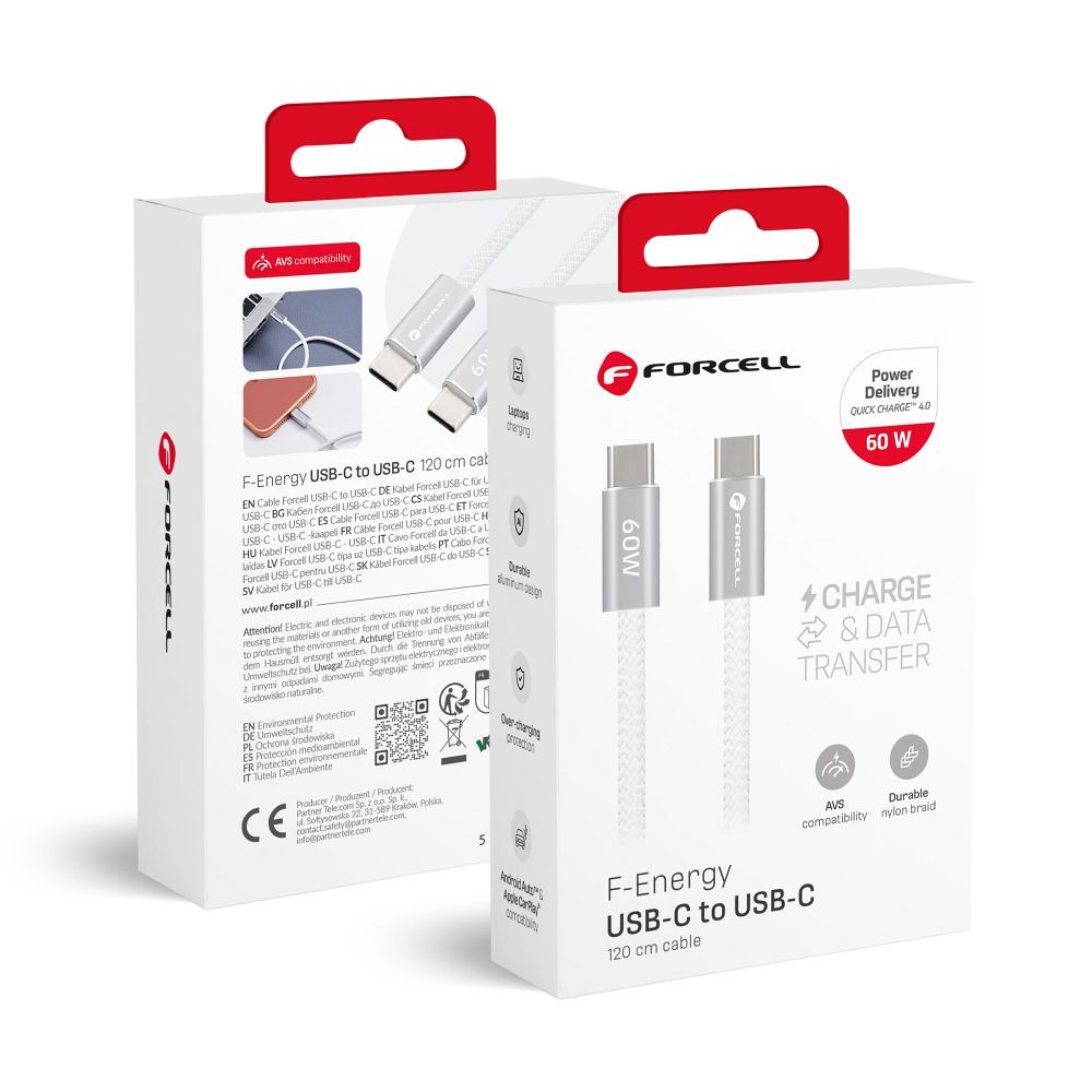 Kabel USB C - USB C Forcell F-Energy QC4.0 PD 3A 60W Cafule Flat 1.2 m CCFN23 feher