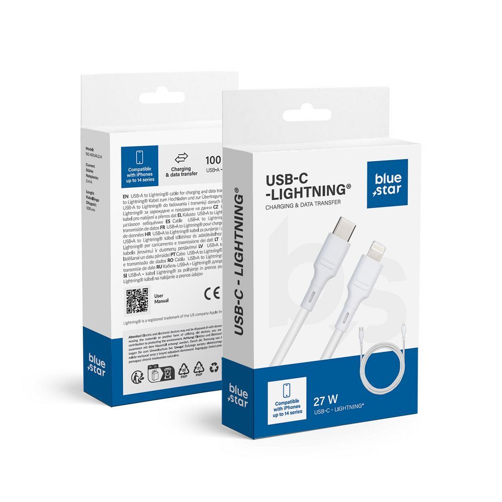 BLUE STAR kábel 2,4 A, 27 W, C-típus – Lightning, DC-001CL2.4, 1 m, fehér
